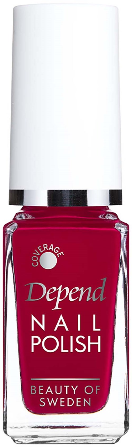 A bright pink Depend Nail Polish bottle with white and silver label and white cap.
