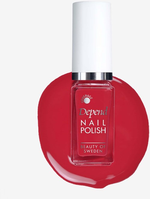 A bottle of Depend nail polish in red color, with white cap and a silver ring near the top, on a white background.