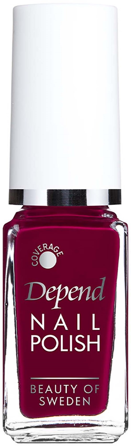Bottle of dark pink Depend Nail Polish with white cap and label, showing brand and product information.