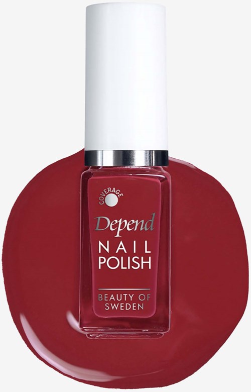 Red nail polish bottle with silver cap and Depend logo, placed on a red smear.