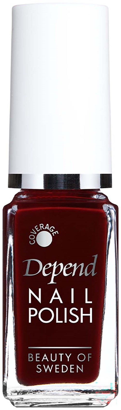 A bottle of red Depend nail polish with a white cap and the logo of Coverage and Beauty of Sweden.