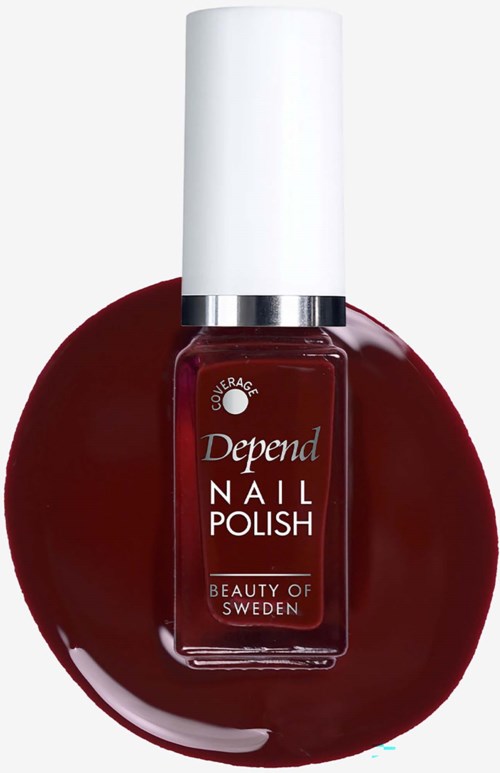 Red nail polish bottle with white cap on a red nail polish smear. Depend nail polish brand from Sweden.