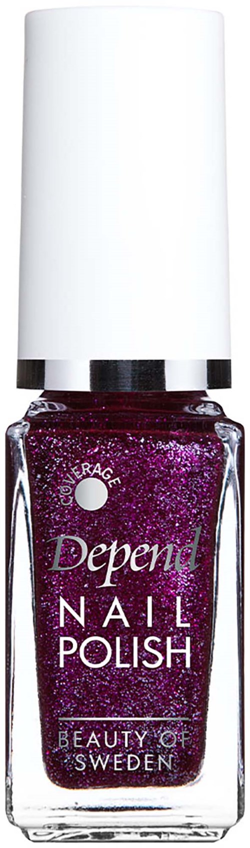 A bottle of purple glitter nail polish with a white cap and black stripe at the bottom. Logo and text on the label.