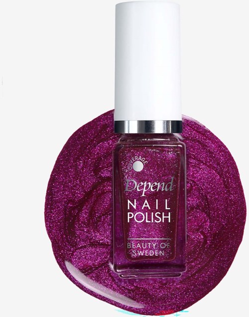 A bottle of purple glittery nail polish labeled Depend Nail Polish with a white cap, placed on a swirl of matching glitter.