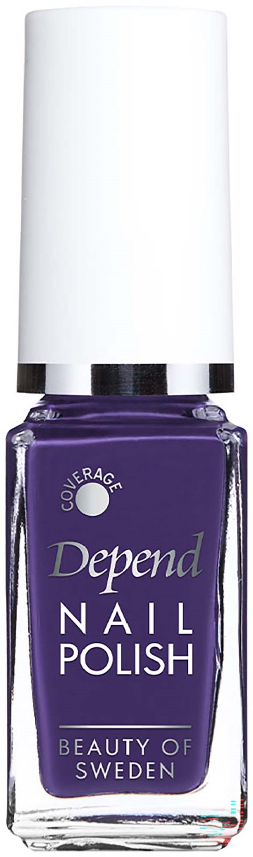 A bottle of Depend Nail Polish in deep purple color with a white cap and purple label.