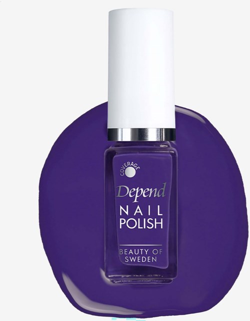 A purple nail polish bottle with a white cap and a silver band, resting on a purple circular background.