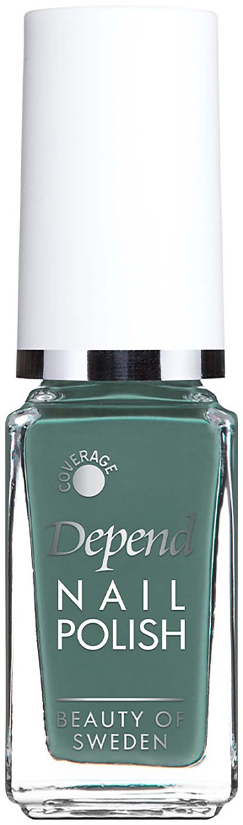A bottle of Depend nail polish in a muted green shade with a white cap and simple label.