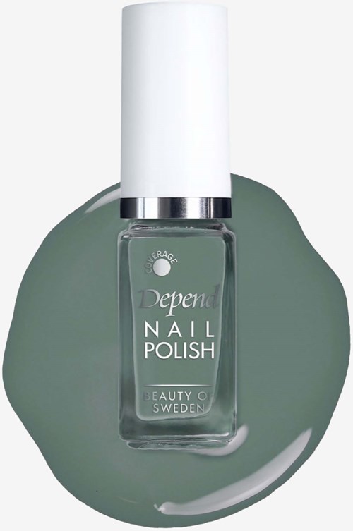 A bottle of Depend nail polish with a white cap, placed on a gray-green background.