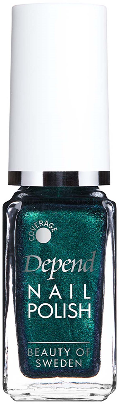 Dark green nail polish in a clear bottle with white cap and Depend logo on the label.