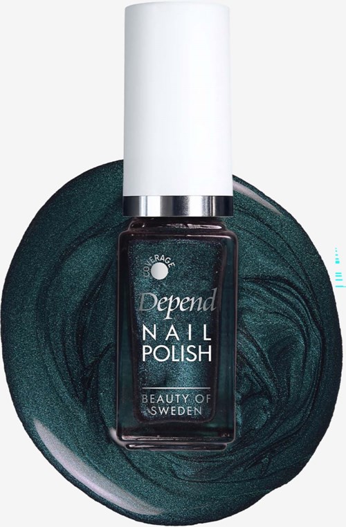 Depend nail polish bottle with dark green color and white cap, placed on a matching green decorative plate.