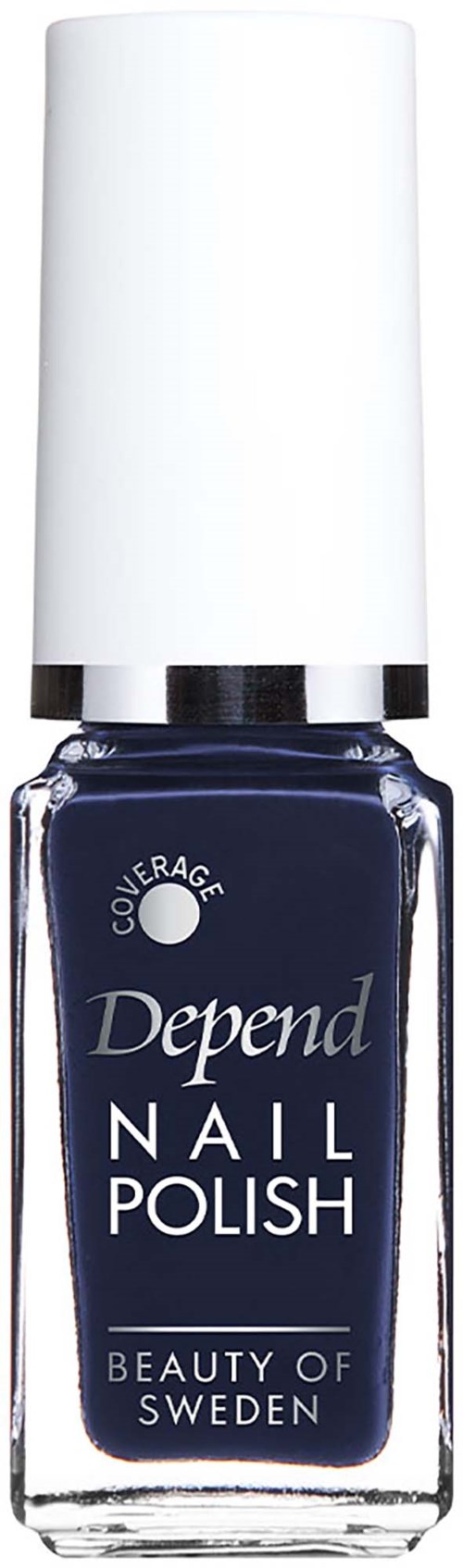 A navy blue nail polish bottle with a white cap and logo, labeled Depend Nail Polish by Beauty of Sweden.