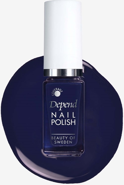 Blue nail polish bottle labeled Depend NAIL POLISH by Beauty of Sweden, placed on a matching blue surface.