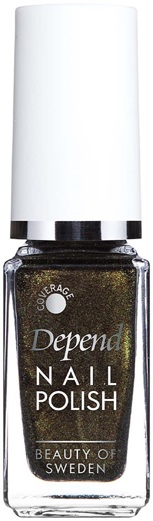 Dark gold nail polish in a clear bottle with white cap, labeled Depend Nail Polish from Sweden.