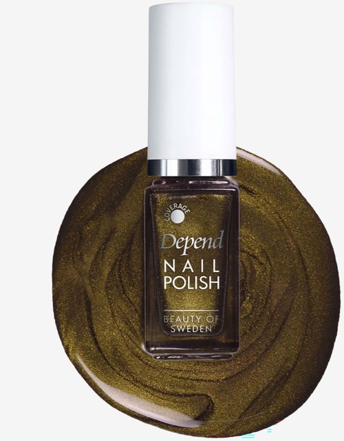 Dark green nail polish bottle with white cap, placed on a matching green swirl background.