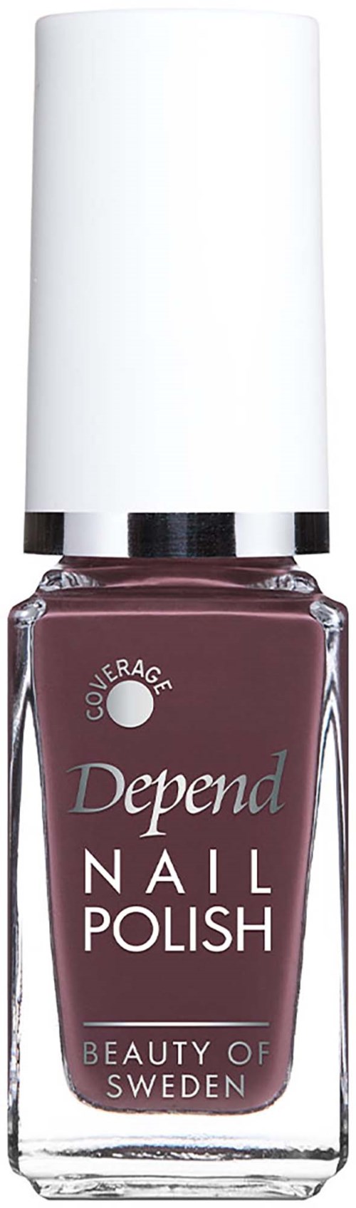 A bottle of Depend nail polish in a mauve shade with white cap, labeled Depend Nail Polish and Beauty of Sweden.