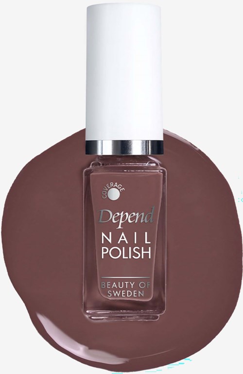 A bottle of brown nail polish on a round brown surface. The label reads Depend Nail Polish, Beauty of Sweden.