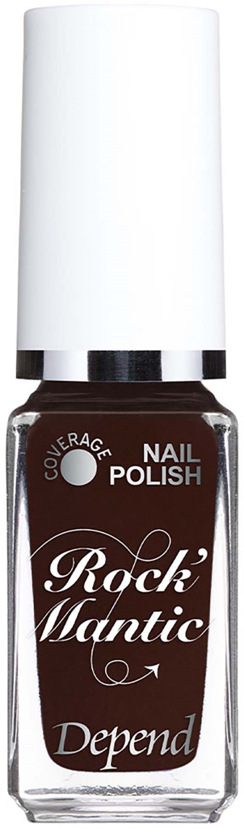 Mörkbrun nagellacksflaska med vit lock, etikett som säger Rock' Mantic Depend, täckande nagellack.