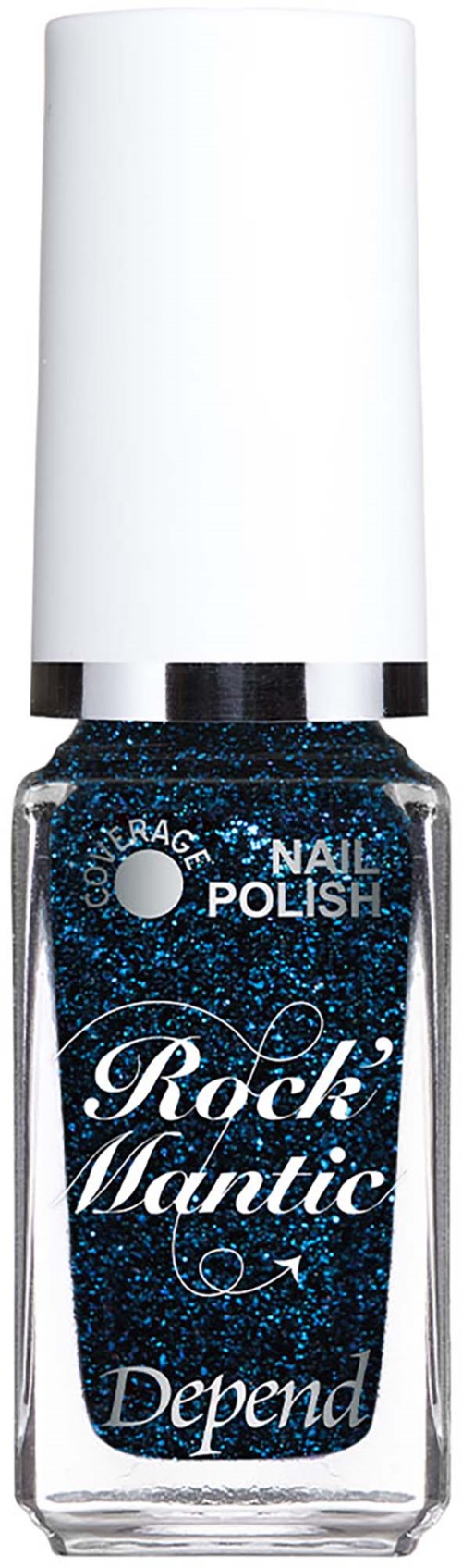 Blå glitternagellack i en genomskinlig flaska med vit kork, märkt Rock Mantic av Depend.