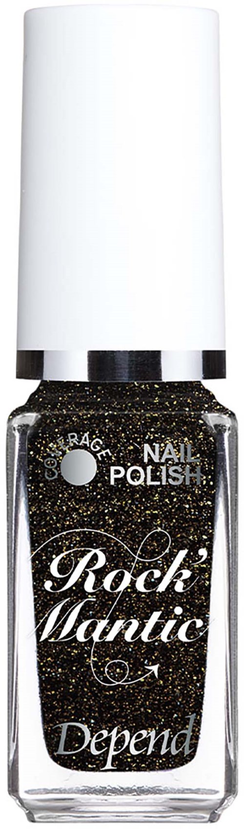 Svart nagellack med glitter i en genomskinlig flaska med vit lock, märkt Rock's Mantic från Depend.