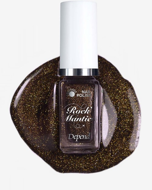 Nagellackflaska märkt Rock Mantic från Depend, placerad på en svart och gyllene glitterbakgrund.