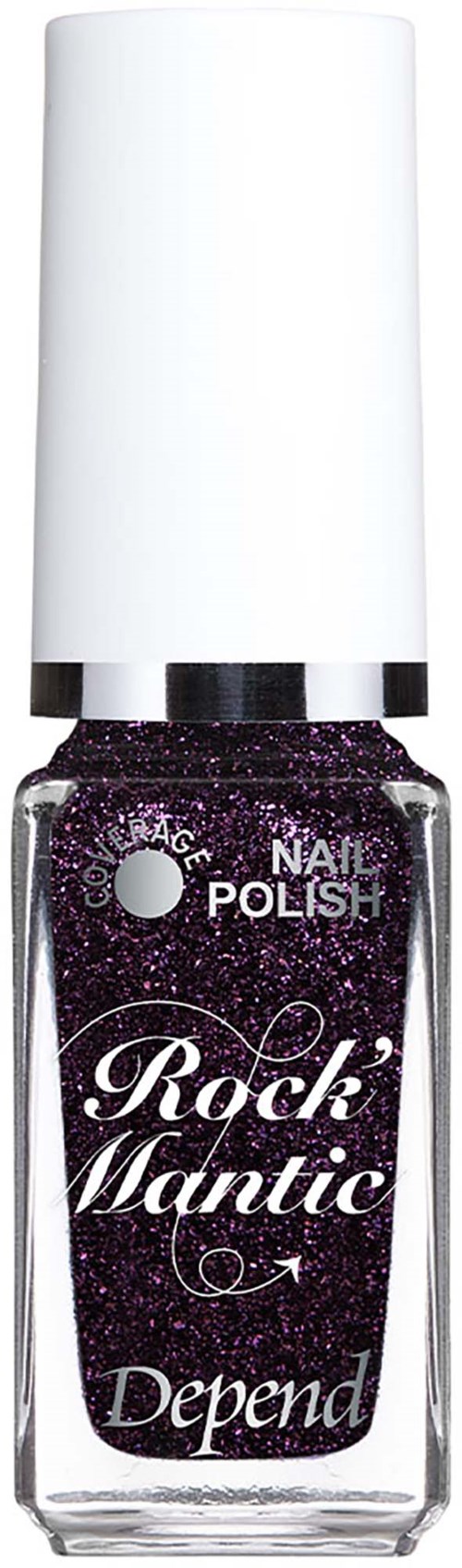 Lila glitter nagellackflaska med vit kork och etikett som lyder Rock Mantic av Depend.