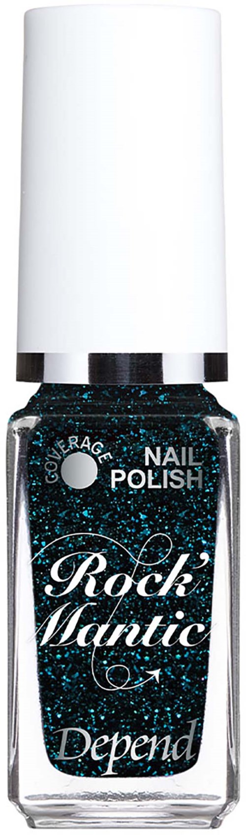 En nagellackflaska med svart och blå glitter, vitt lock och etikett som säger Rock Mantic från Depend.