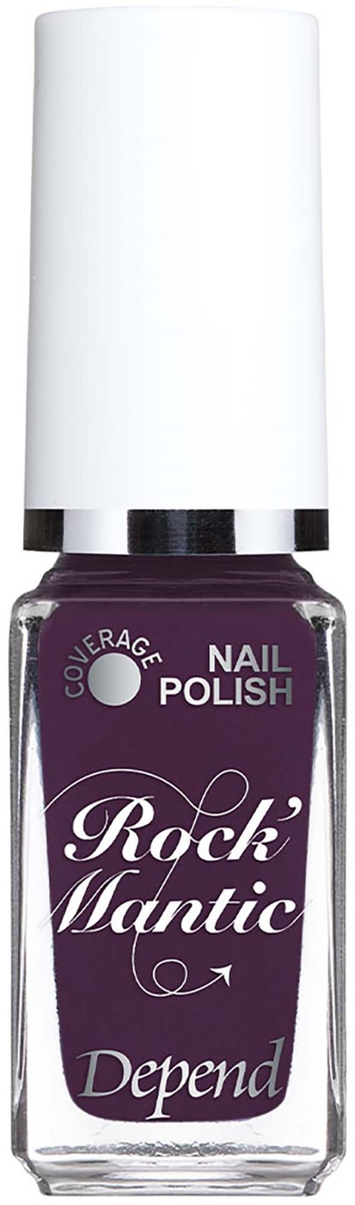 En flaska mörklila nagellack med vit kork, märkt Rock Mantic Depend.