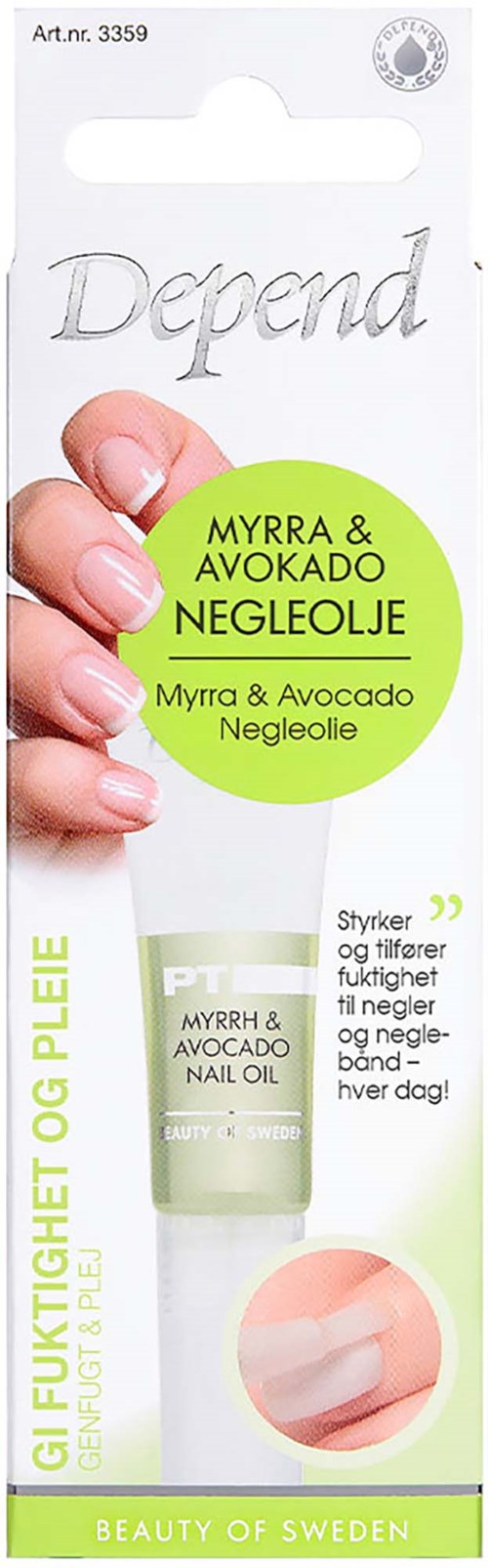 En negleolje med myrra og avokado, i hvit og grønn pakke, viser produkt og merke.