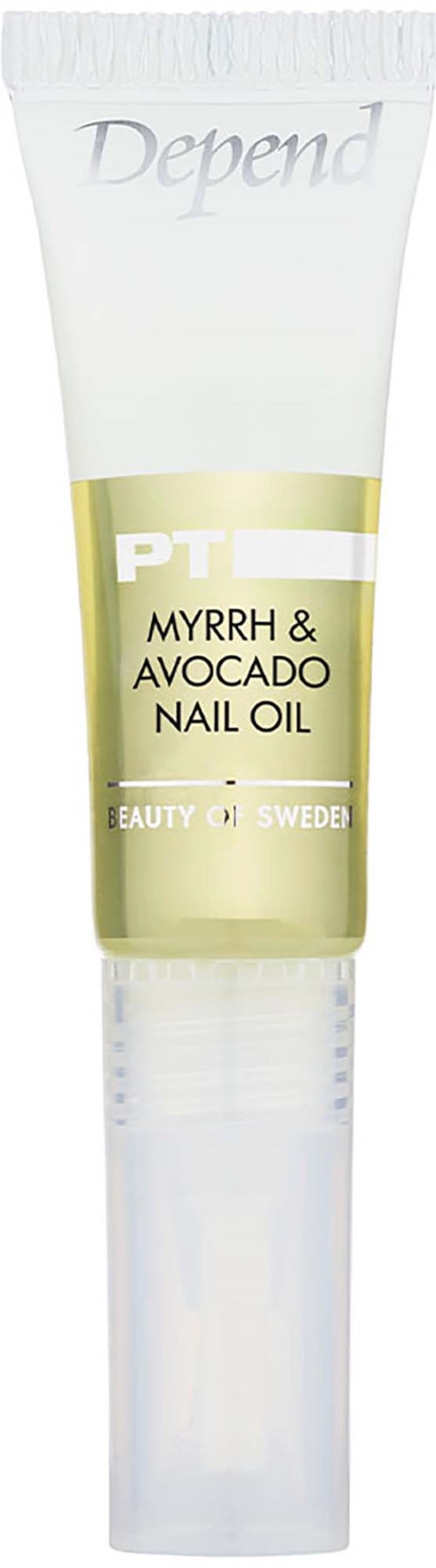 En liten tube med negleolje med hvit kork, etiketten nevner avocado og myrrh ingredienser.