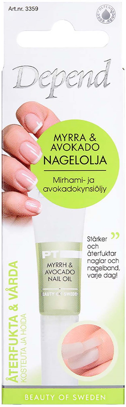 En produktförpackning för nagelolja med bär och avokado, med grönt och vitt, visar hand och nagelbild.