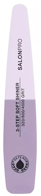 En hvit neglefiler merket 'SALONPRO' med beskrivelse '3-STEP SOFT SHINER' og grit-nummer 320, 600, 4000.