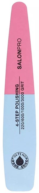 Nagelfil med rosa och blå sektioner, märkt 'SALONPRO' och '4 STEP POLISHING'.