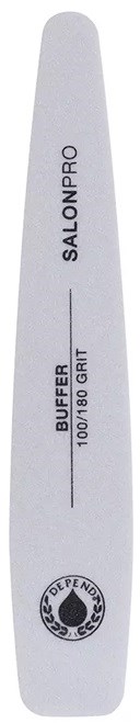 En hvit neglefil med svart tekst og logo, merket 'SALONPRO' og 'BUFFER 100/180 Grit' for negleforming.