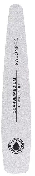 A white nail file with black and gray text and a logo, labeled with grit information for nail filing.