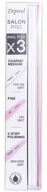 A box of nail files with three coarse, medium, and fine grades, in pink and white colors.