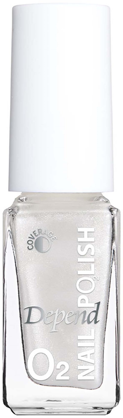 Doorzichtige nagellakfles met witte dop en zilveren label met de tekst Depend Nail Polish O2.