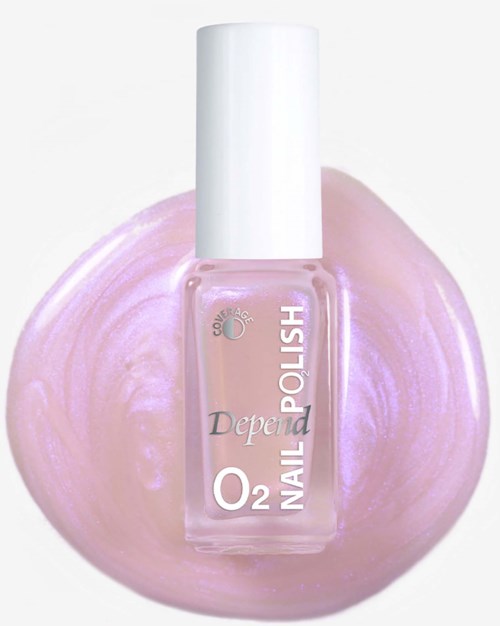 Pink nail polish bottle with a white cap, labeled Depend O2 Nail Polish, on a pink swirl background.