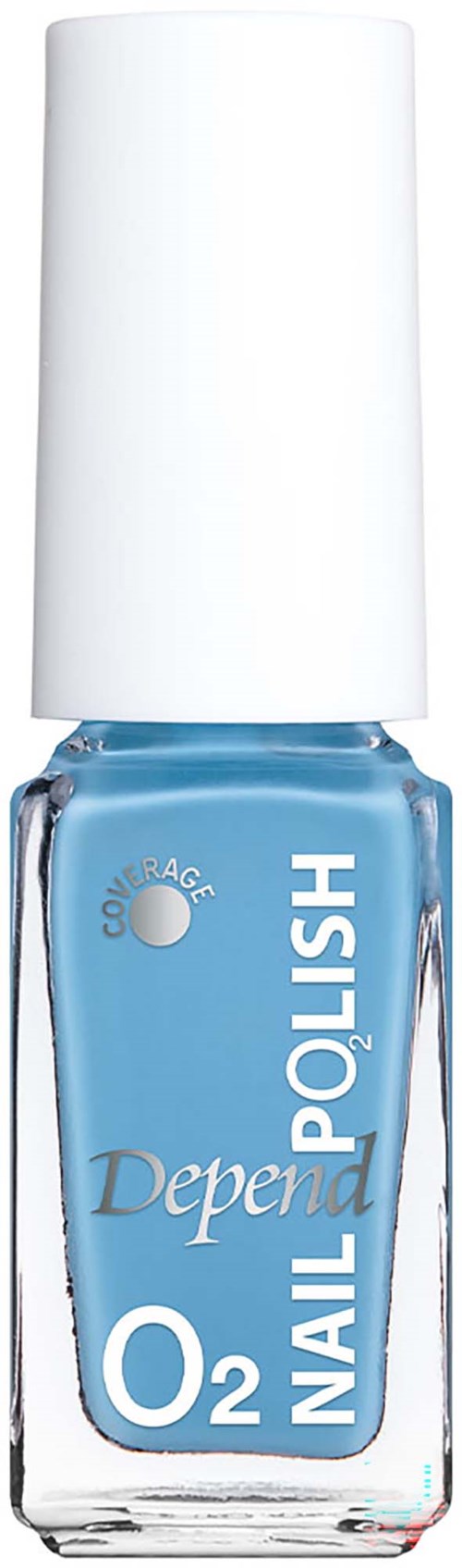 Light blue nail polish bottle with a white cap, labeled Depend O2 Nail Polish, used for manicures.