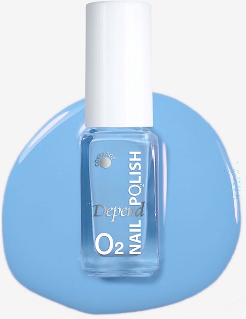 Blue nail polish bottle on a blue smear background. The label says Depend O2 Nail Polish and Dependage.