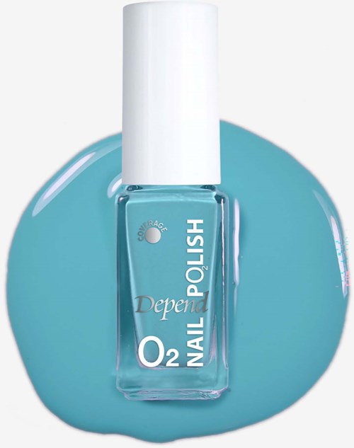 Blue nail polish bottle resting on spilled polish, label says Depend O2 Nail, simple design.