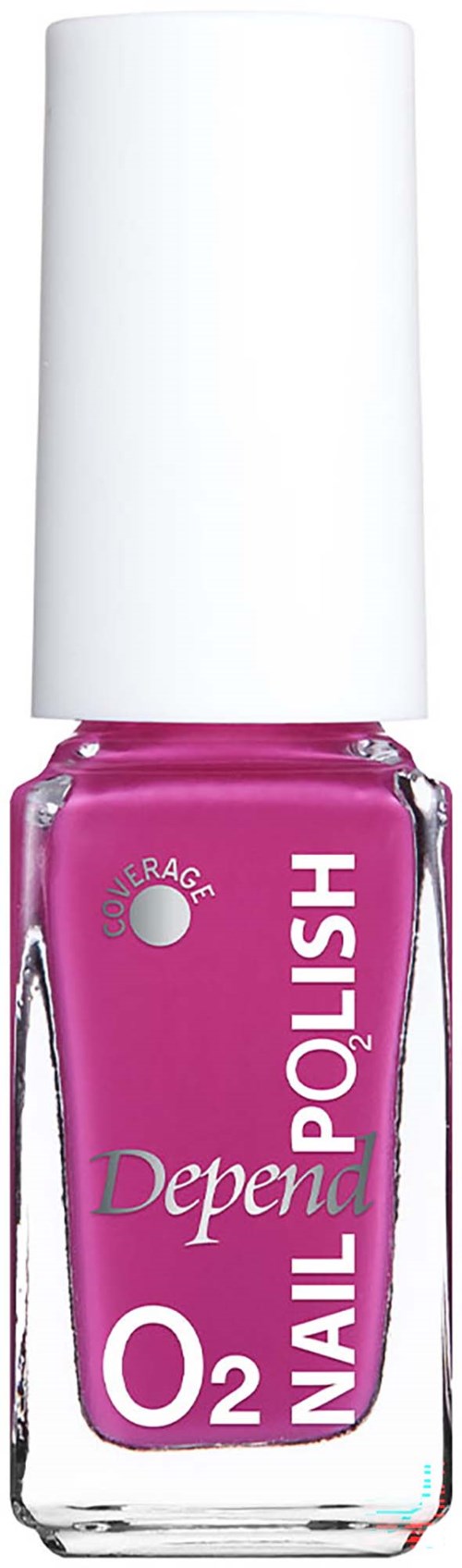 Valkoinen korkki ja pinkki kynsilakkapullo, merkki Depend Nail Polish O2.