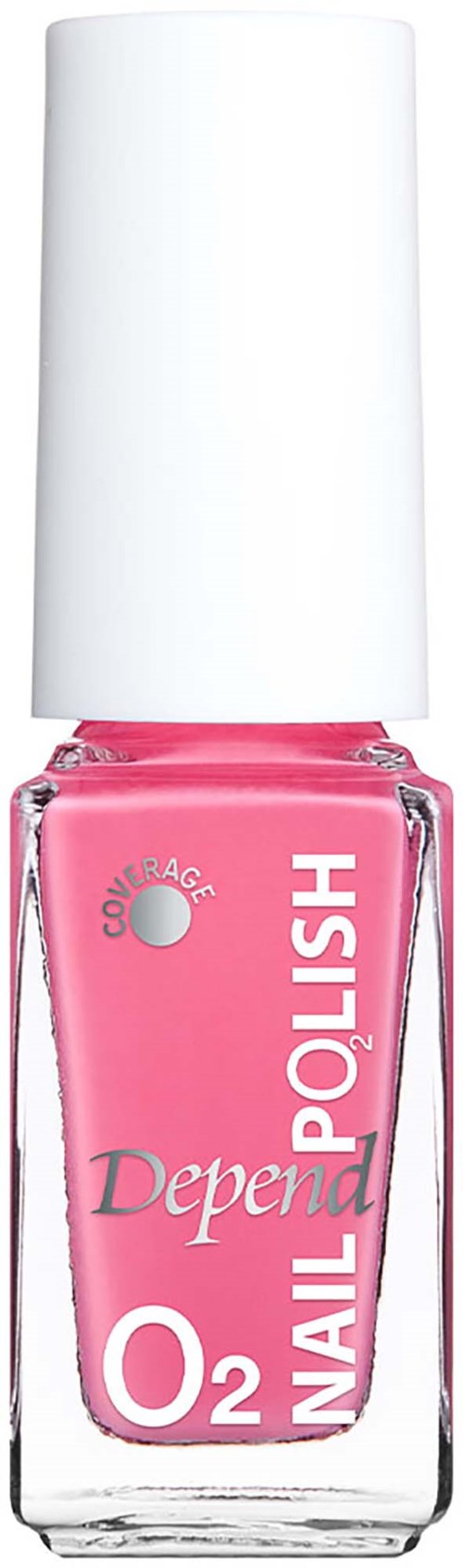 A pink nail polish bottle with white cap, labeled Depen Polish O2, and a small button on the side.
