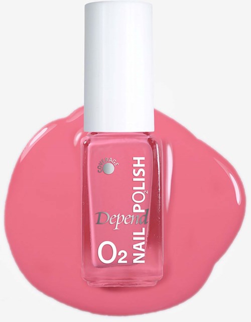 Pink nail polish bottle with a white cap and a pink smear around it.