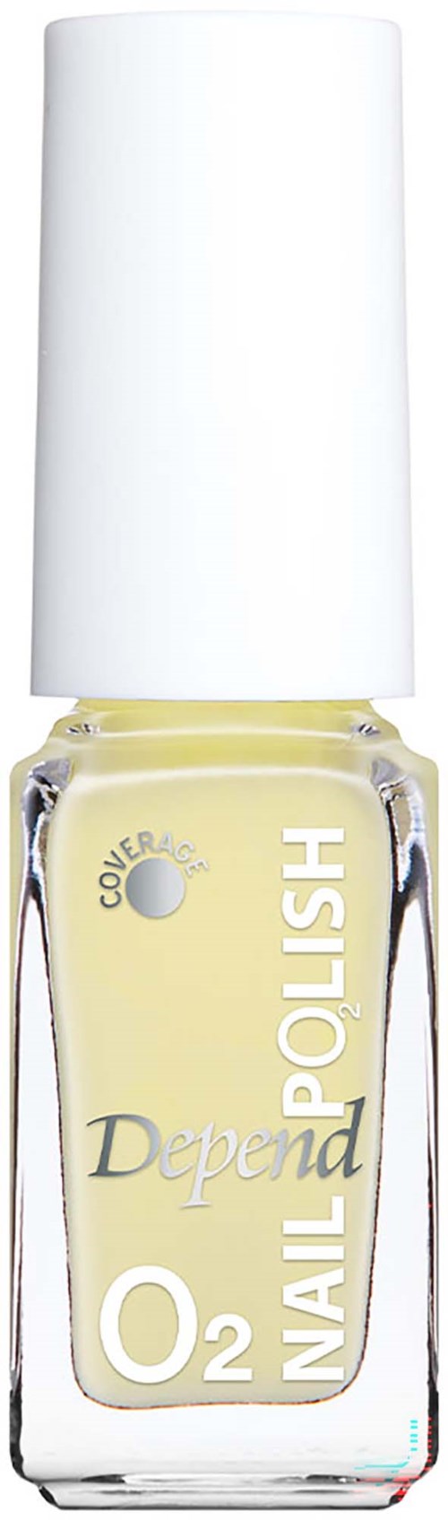 Vaaleankeltainen kynsilakkapullo, jossa valkoinen korkki ja teksti Depend Nail Polish O2.