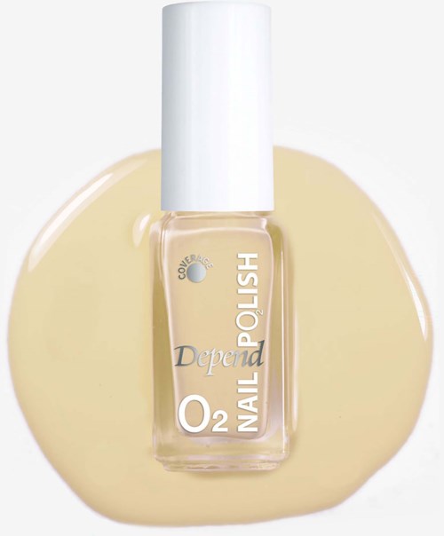 Kynsivärilasi, jossa valkoinen kansi, merkitty Depend O2 Nail Polish, beigeä taustaa vasten.