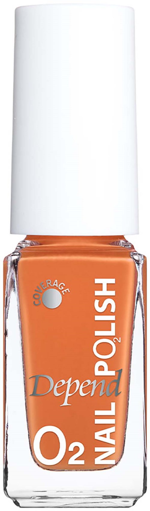 Oranje nagellak in een doorzichtige fles met witte dop, gemarkeerd als Dependency O2 Nail Polish.