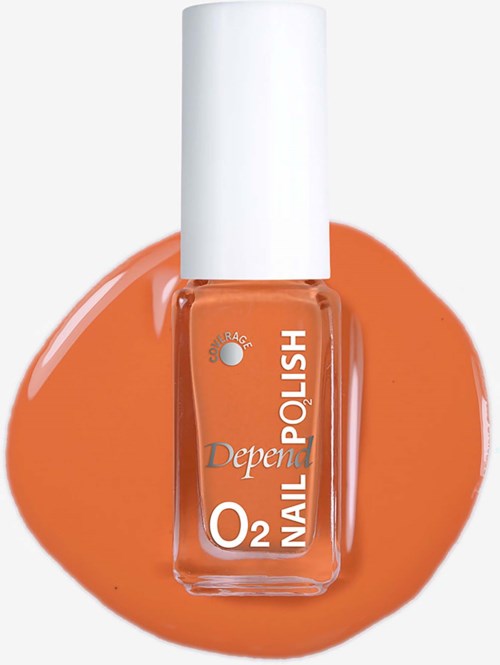 Oranje nagellakfles met witte dop, label toont O2 Nail Polish, Depend, Zomergeur.