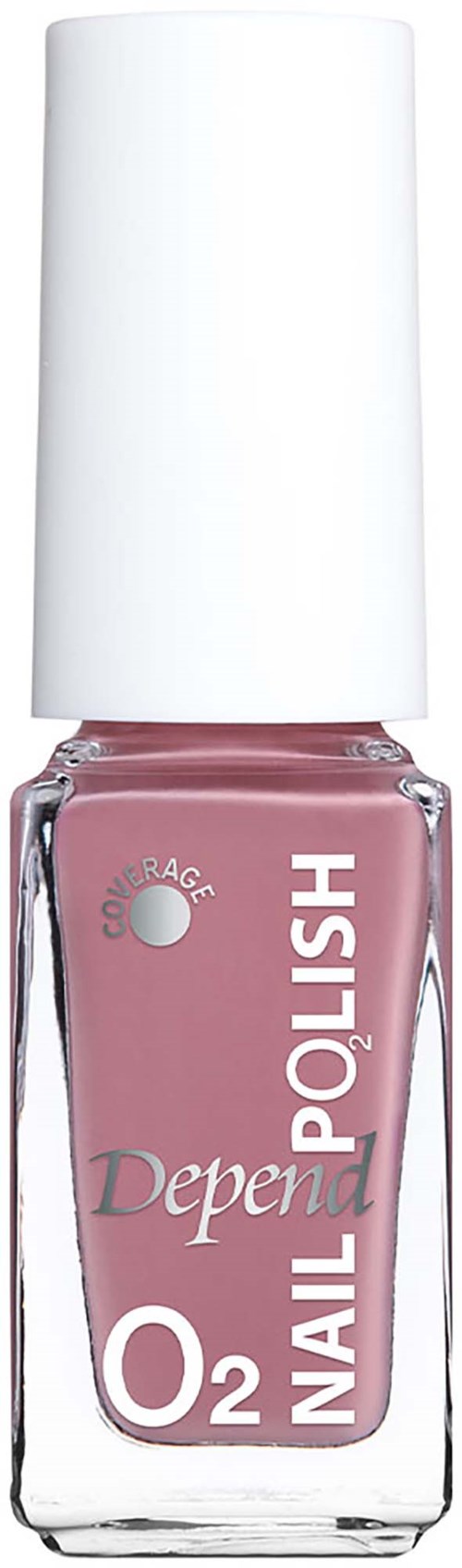 Vaaleanpunainen kynsilakkapullo, jossa on valkoinen korkki ja teksti Depend O2 Nail Polish.