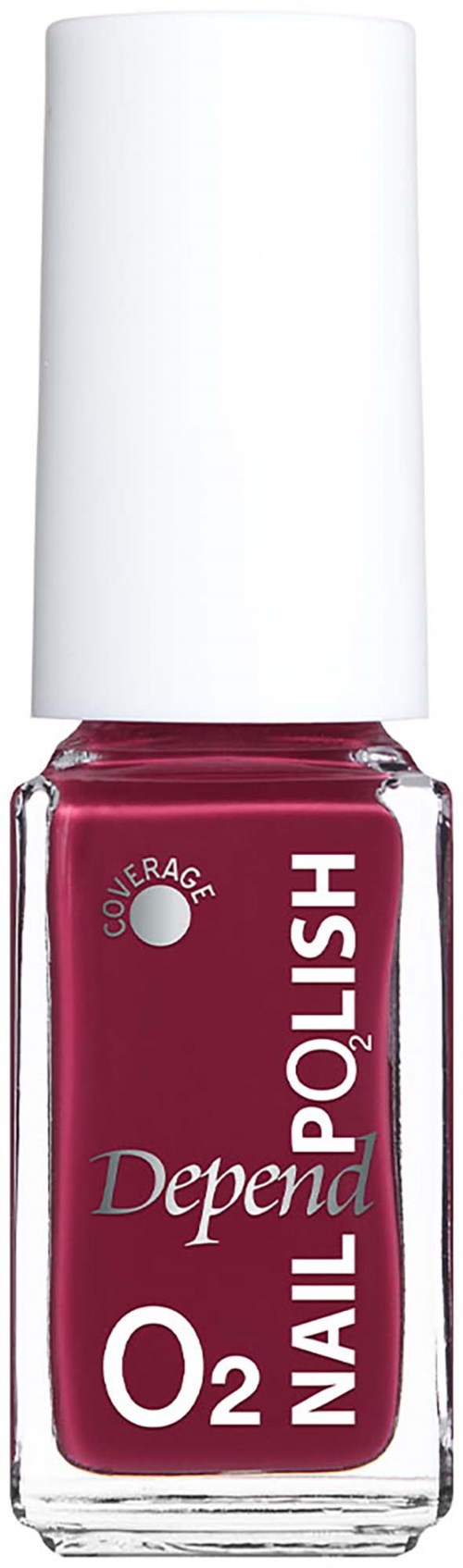 Bottle of deep red nail polish with white cap and branding text including Depend and Nail Polish.
