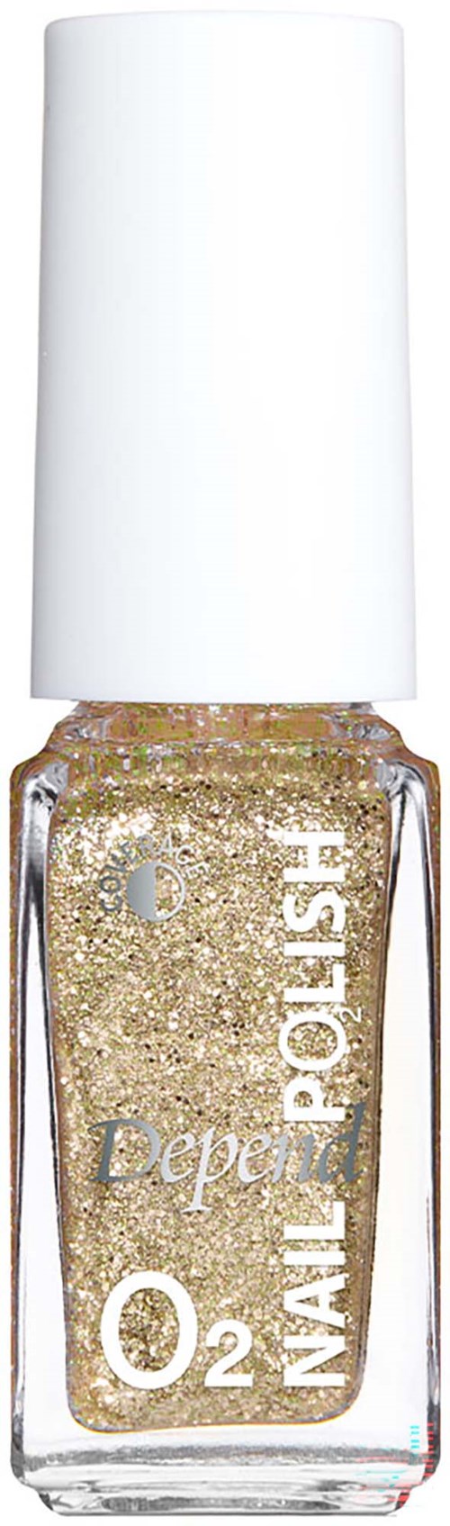Gold glitter nail polish in a clear bottle with a white cap, labeled Nail Polish O2.